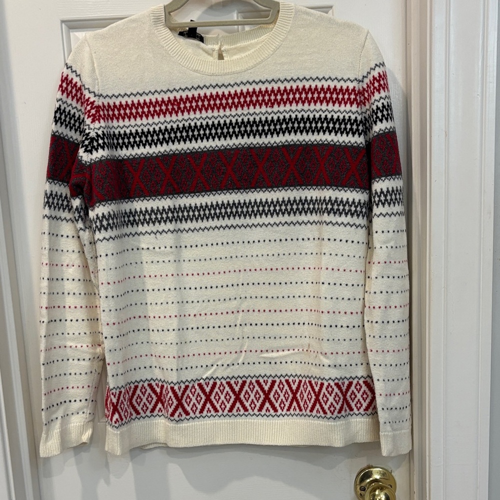 Talbots Women’s Ivory, Charcoal, Ted  and Black Patterned Crewneck Sweater.